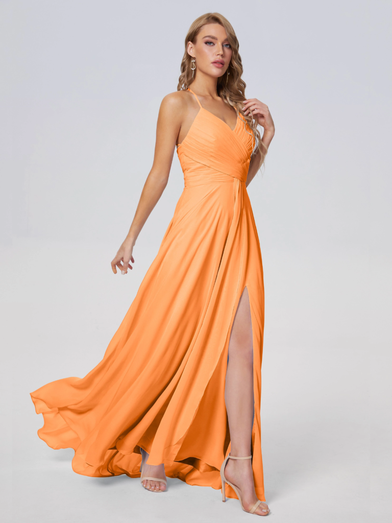 Hot orange satin wrap gown with high slit